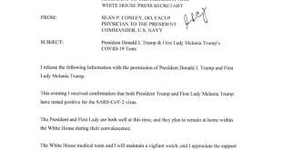 El comunicado del médico de la Casa Blanca sobre los positivos por Covid-19 de Donald Trump y su esposa