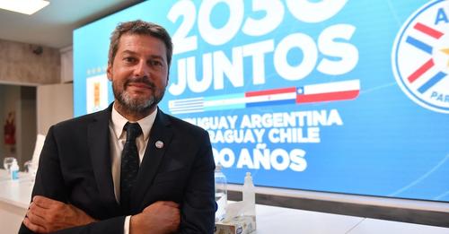 Matías Lammens en la presentación de la candidatura realizada por Argentina, Paraguay, Uruguay y Chile para organizar el Mundial 2030. Foto: Maximiliano Luna